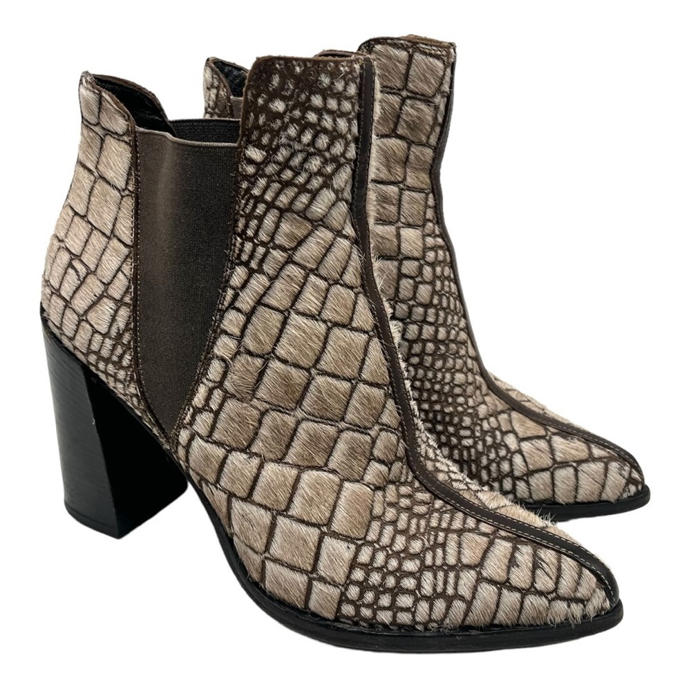 Ducanero Tan Brown Pony Hair Point Toe Leather Block Heel Booties Women’s 40